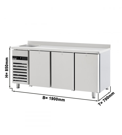 ФотоХолодильный стол – 1,9 x 0,7 m – 3 стеклянных дверей, 1 с раковиной слева и с бортом – 420 Л GGM Gastro
