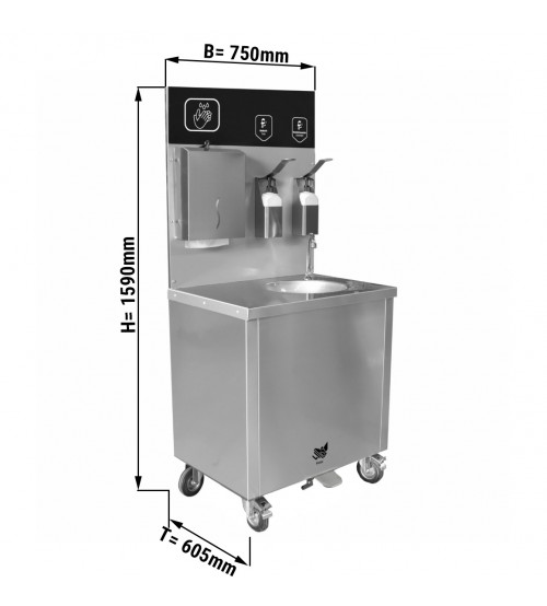 ФотоМобільна мийка з нержавіючої сталі з резервуаром для води та стічної води, дозатором мила та дезінфікуючого засобу GGM Gastro