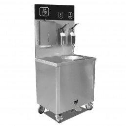 Мобільна мийка з нержавіючої сталі з резервуаром для води та стічної води, дозатором мила та дезінфікуючого засобу GGM Gastro