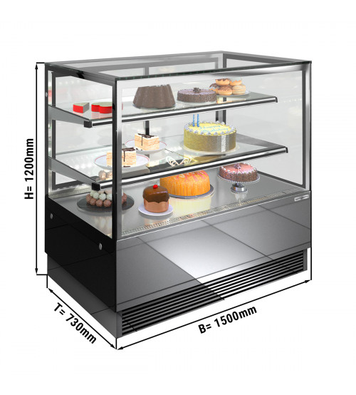 ФотоВітрина кондитерська холодильна - 1,5 м - 2 полиці - дзеркальна передня панель - пряма (світлодіодна підсвітка) GGM Gastro